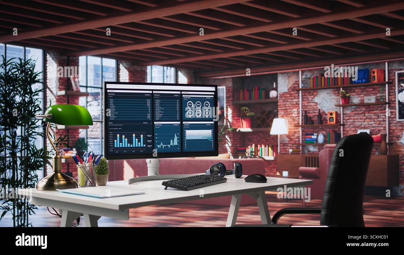 Bureau à domicile moderne avec moniteur de PC de bureau affichant des analyses commerciales et des infographies marketing, configuration minimaliste et épurée du bureau. Lumineux loft élégant offre une ambiance professionnelle tendance. Banque D'Images