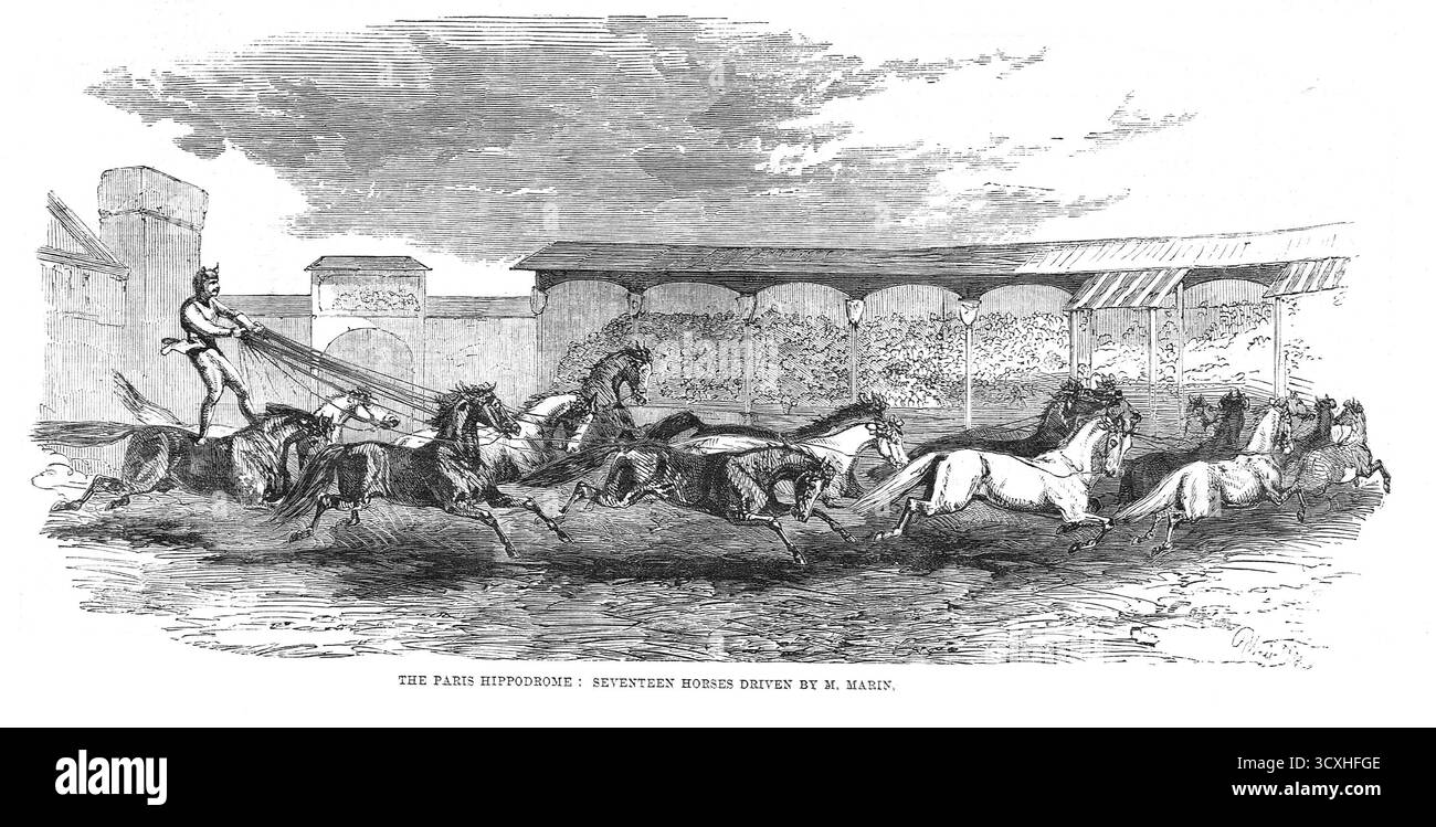 L'hippodrome de Paris, dix-sept chevaux pilotés par Marin, 1860. Banque D'Images