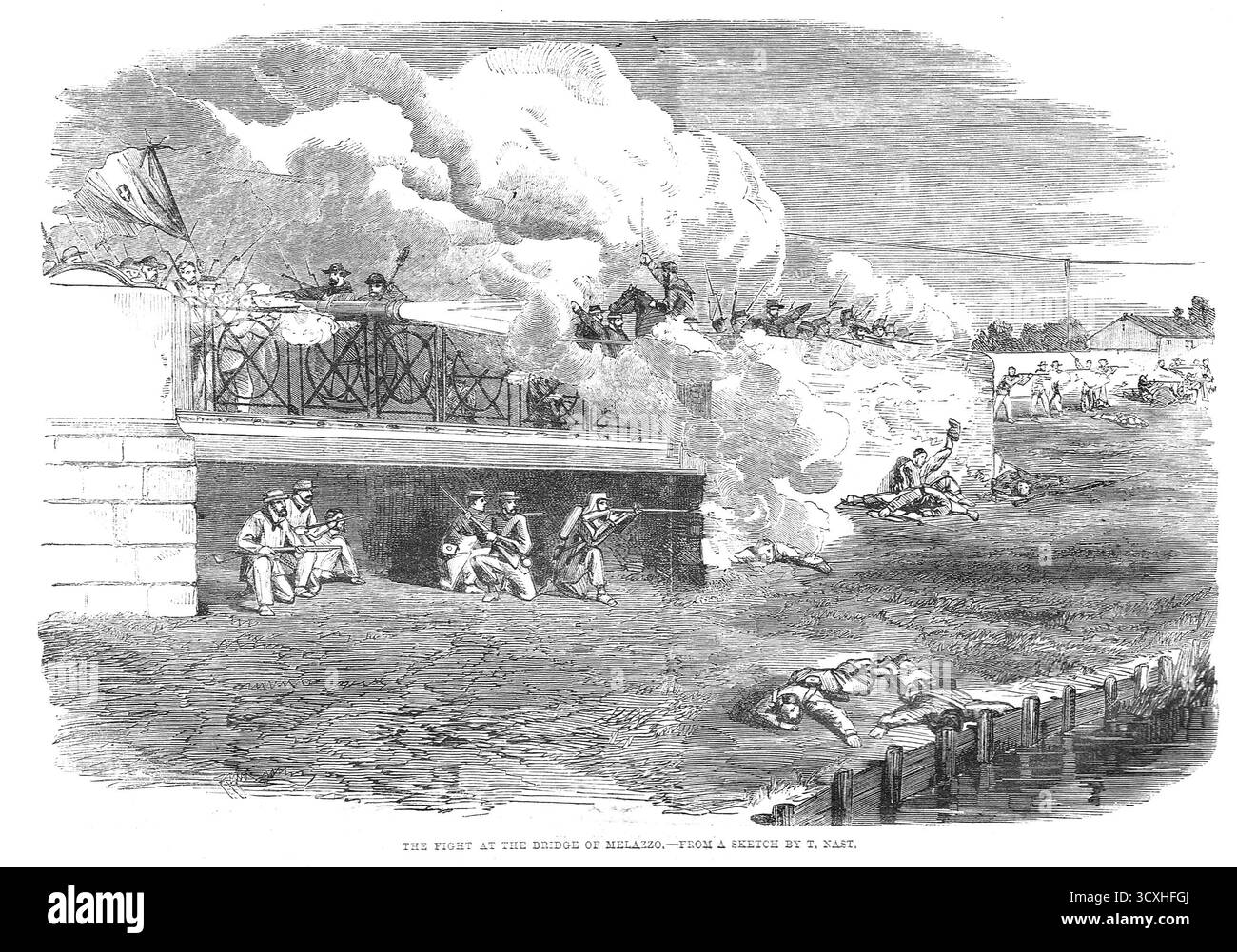 Le combat au pont de Milazzo, la bataille de Milazzo, juillet 1860. Banque D'Images