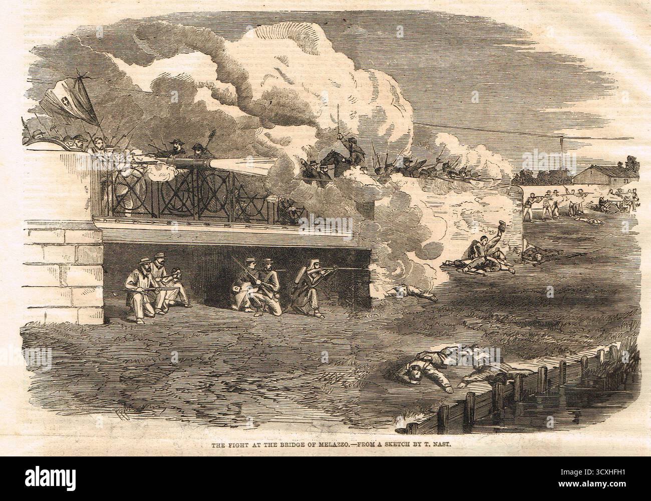 Le combat au pont de Milazzo, la bataille de Milazzo, juillet 1860. Banque D'Images