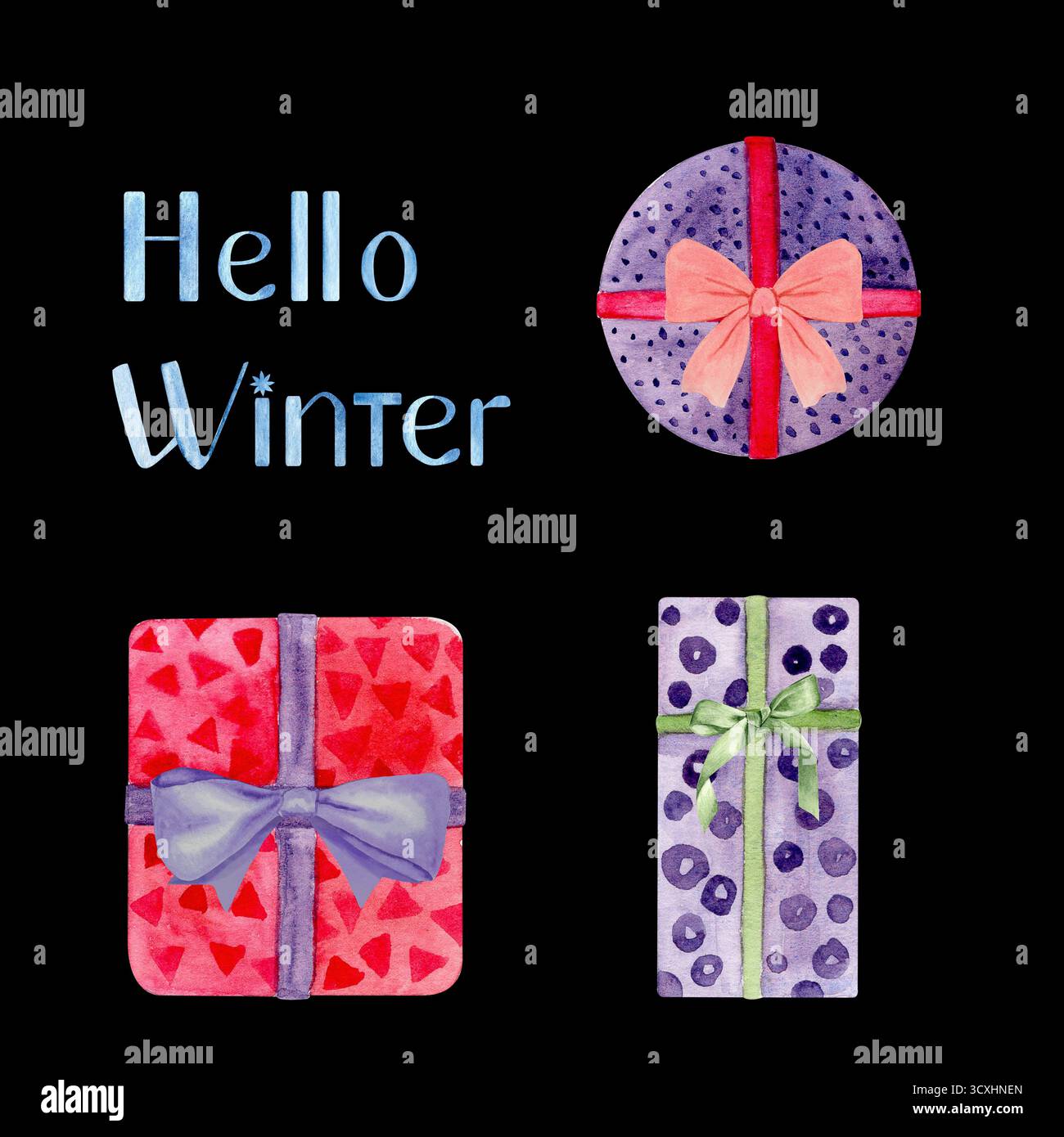 Coffrets cadeaux ensemble noué avec un ruban et un noeud, lettrage festif Hello Winter. Illustration aquarelle isolée sur noir. Parfait pour Noël, nouvel an Banque D'Images
