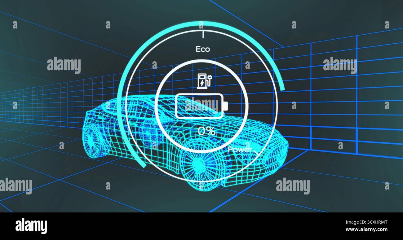 Affichage du modèle de voiture filaire 3D sur le sol de la grille bleue brillante, les murs, avec superposition de l'interface utilisateur, icône de batterie Banque D'Images