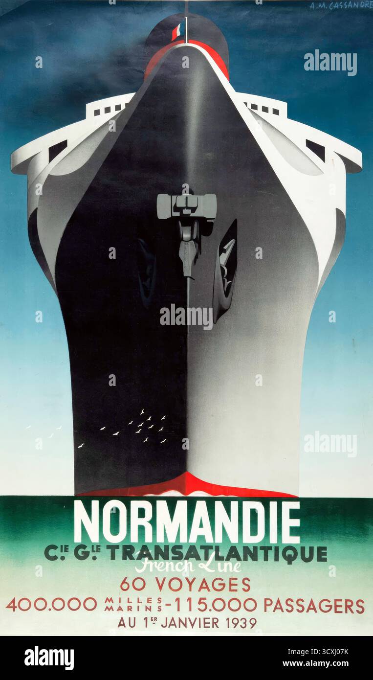 Une superbe affiche de voyage vintage de 1939 pour la traversée transatlantique sur le navire français Normandie Banque D'Images