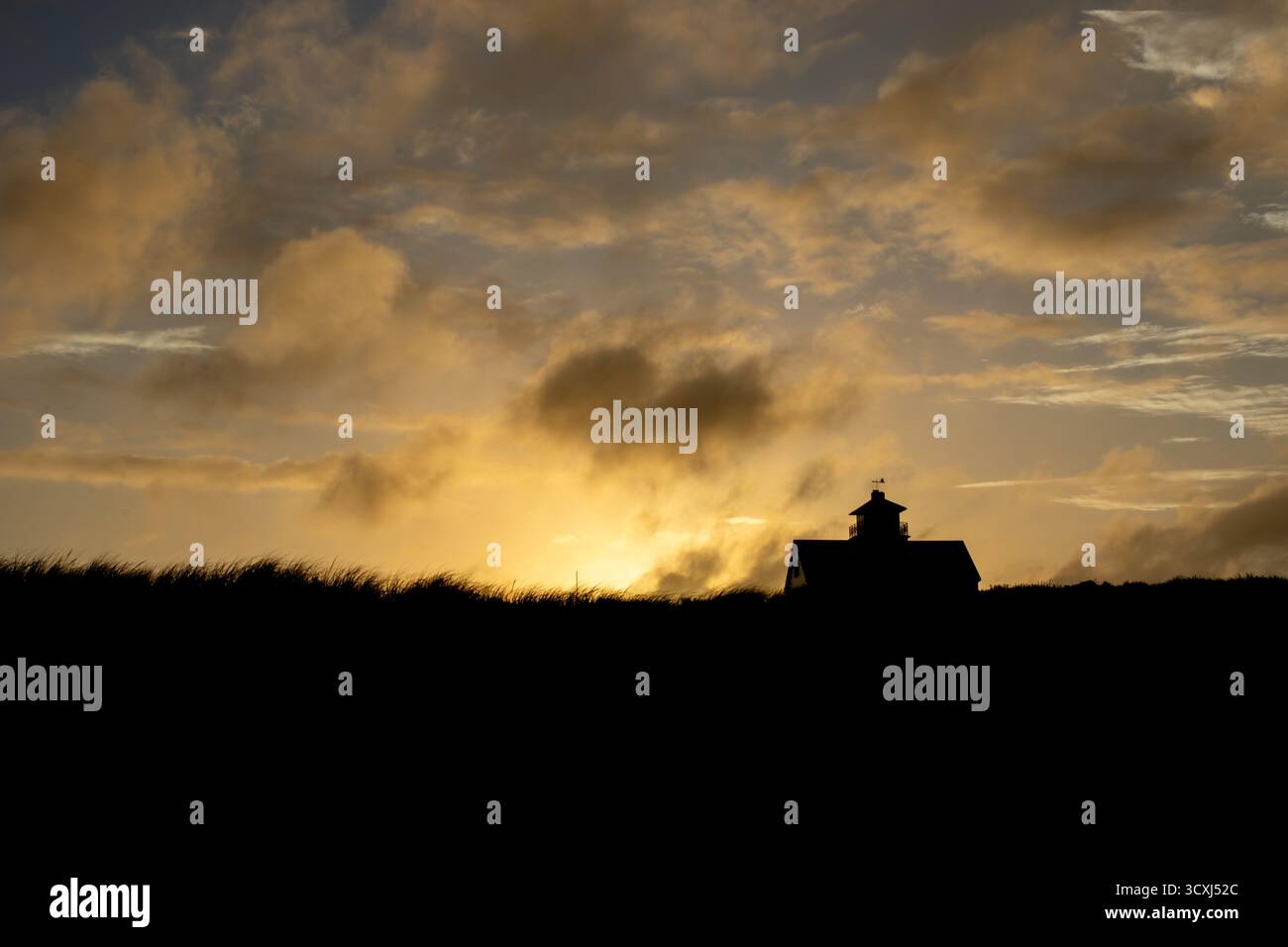 Golden Hour sur la plage ! Herbe de dune et silhouette de chalet contre un ciel dramatique. Vacances paisibles en bord de mer Banque D'Images