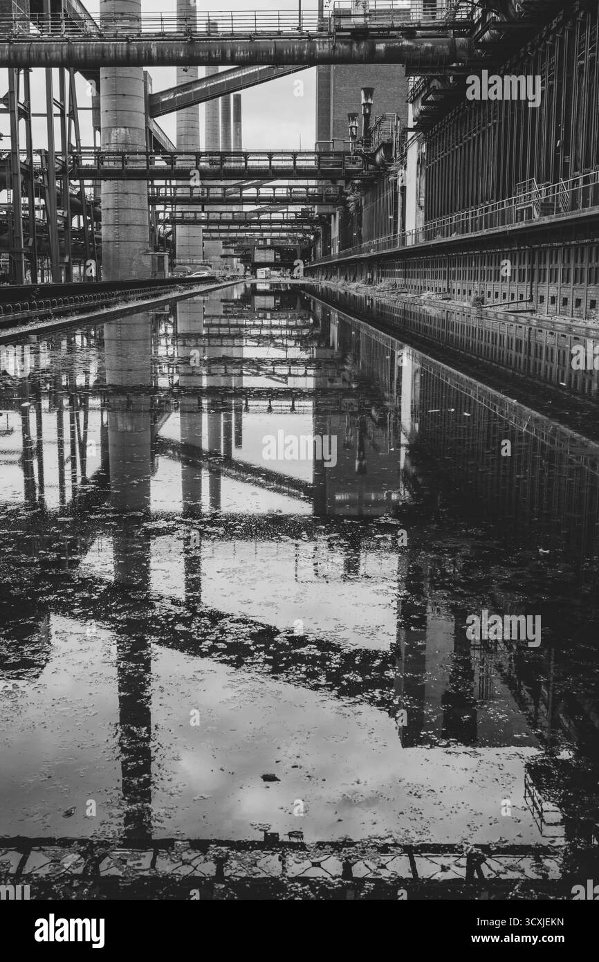 La cokerie de Zollverein, les batteries de fours à coke, les ponts de ceinture et les cheminées sont réfléchis, bassin d'eau, photo noir et blanc, site du patrimoine mondial de l'UNESCO Banque D'Images