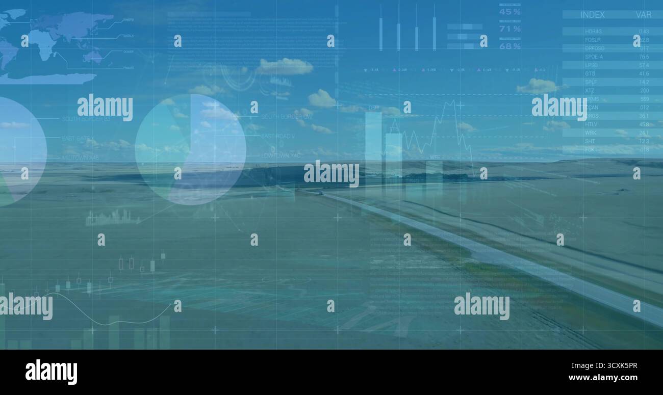 Affichage du canal pavé droit divisant la plaine rurale sous le ciel bleu, avec des superpositions de cartes numériques Banque D'Images