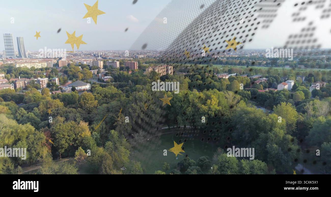 Affichage du paysage urbain à partir d'une vue surélevée sur le parc et les maisons, avec maille pointillée, graphiques d'étoiles jaunes Banque D'Images