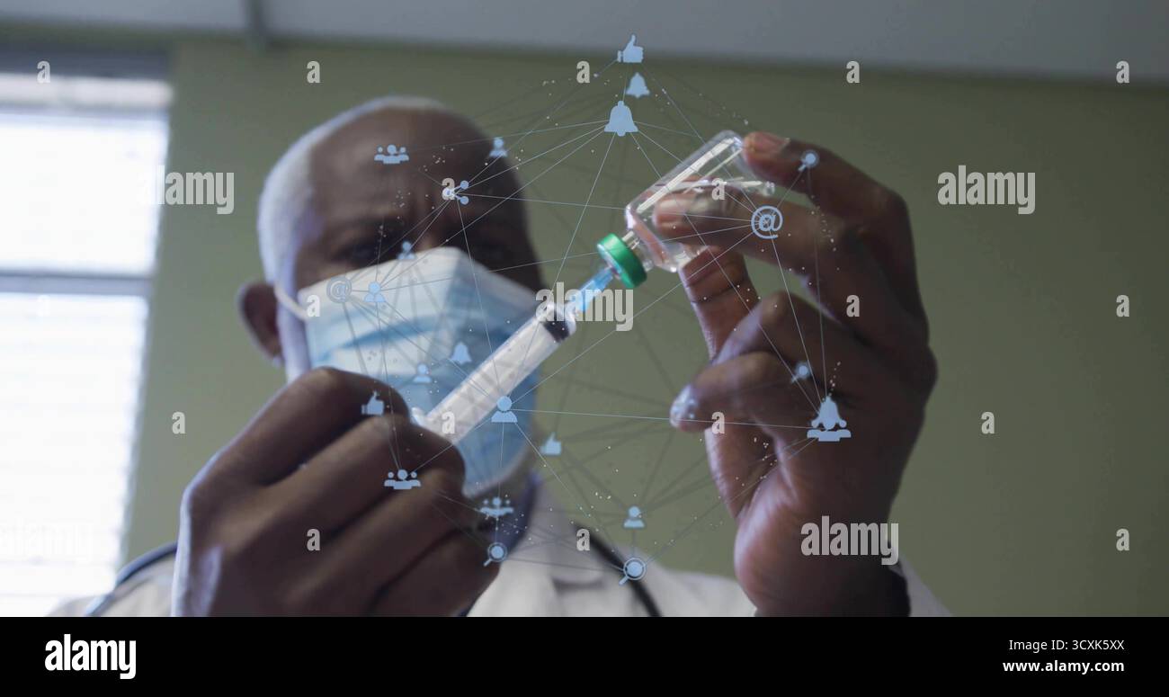 Dessiner la médecine du flacon dans la seringue en clinique, médecin portant le masque et le manteau avec des icônes numériques Banque D'Images