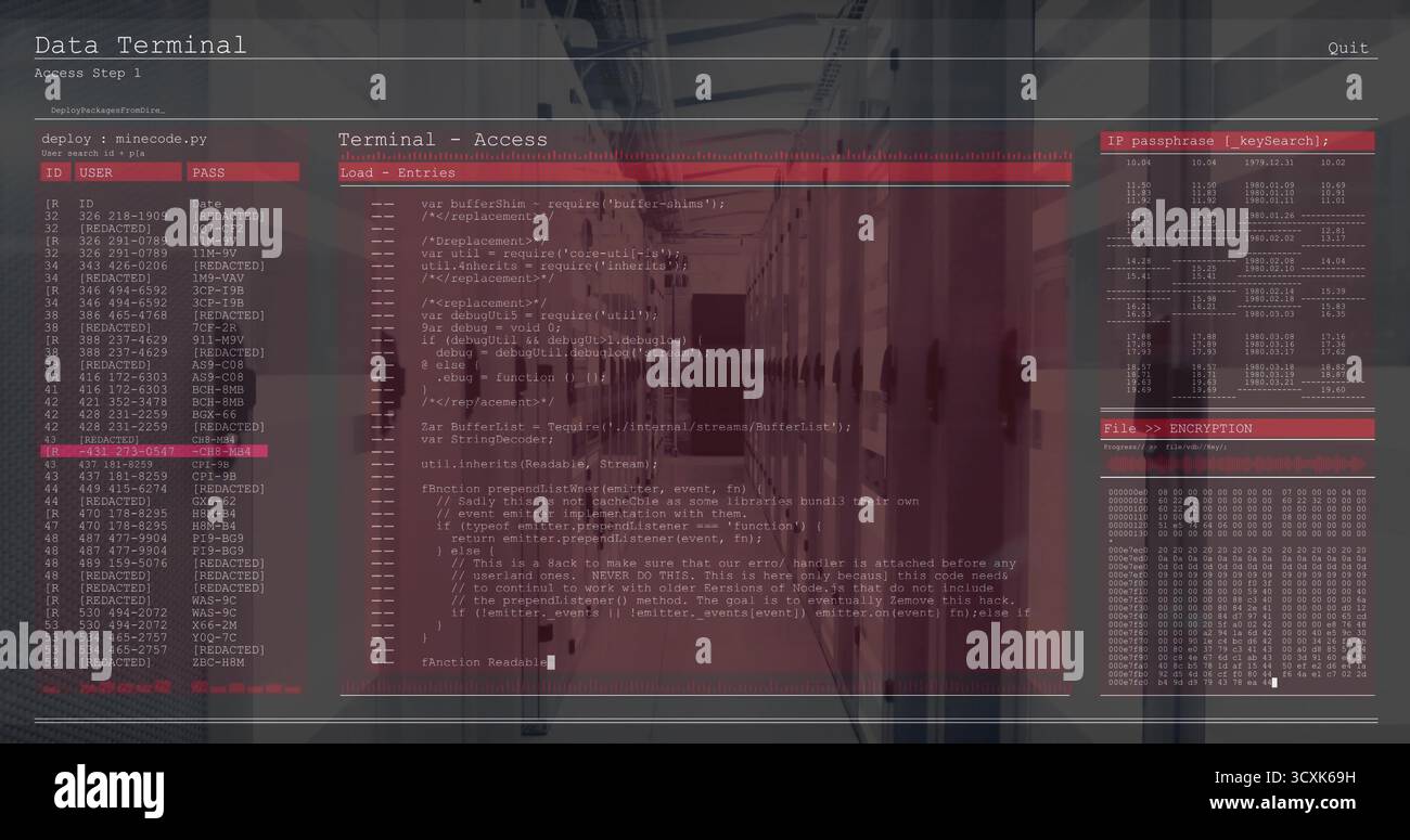 Interface de terminal d'ordinateur recouvrant un couloir de marbre, avec un panneau de phrase de passe IP Banque D'Images