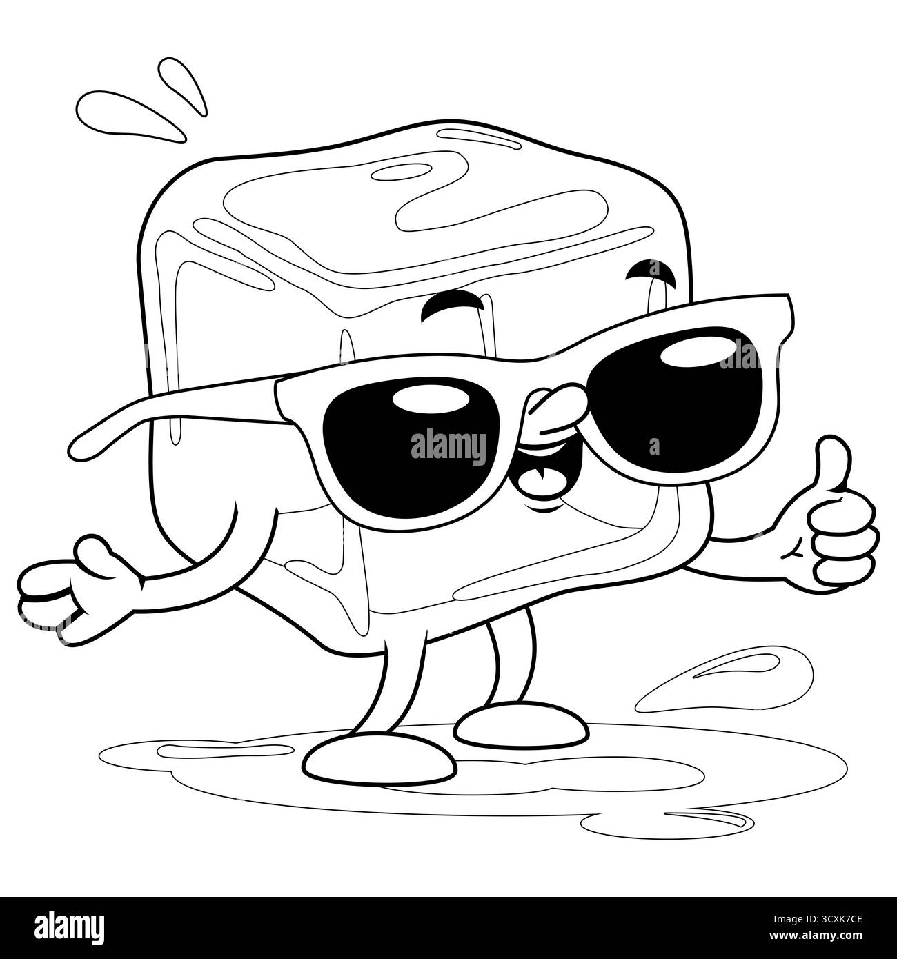 Personnage de cube de glace avec des lunettes de soleil. Bloc de glace pour boissons glacées. Mascotte froide et mignonne. Coloriage noir et blanc. Banque D'Images