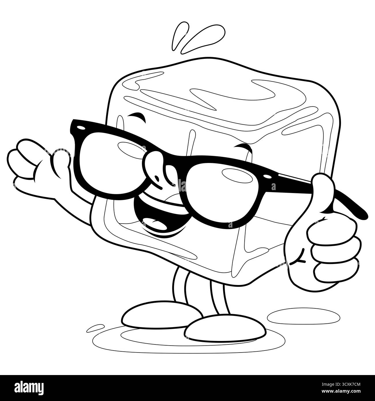 Personnage de cube de glace. Bloc de glace de dessin animé pour boissons glacées. Mascotte froide et mignonne. Coloriage noir et blanc. Banque D'Images