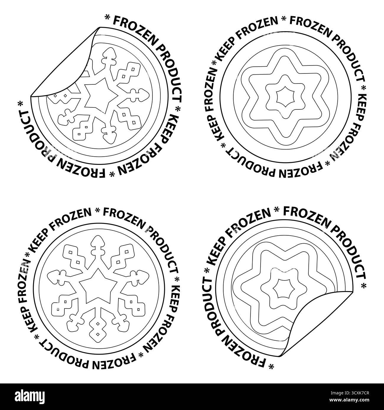 Conservez les icônes des étiquettes congelées pour les produits alimentaires froids. Autocollants pour aliments surgelés. Illustration en noir et blanc. Banque D'Images