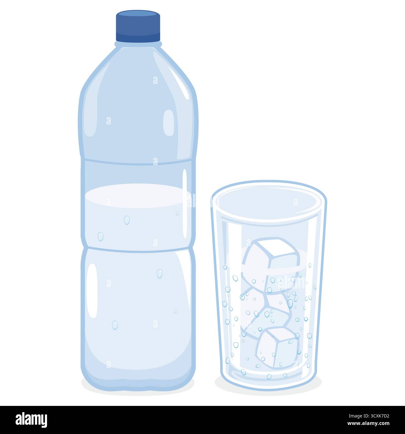 Verre froid d'eau avec des glaçons et une bouteille d'eau en plastique. Boisson gazeuse rafraîchissante et fraîche. Illustration vectorielle Banque D'Images