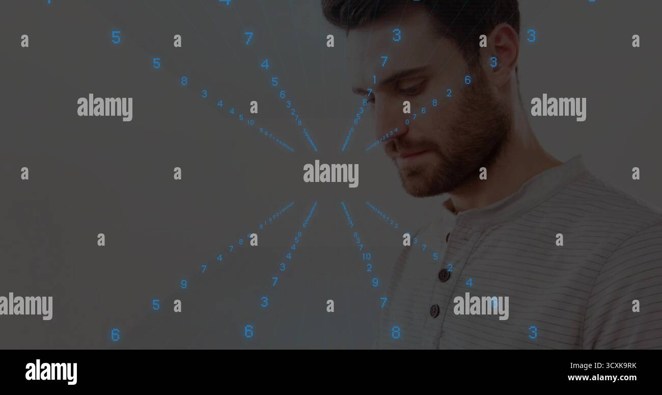 Homme examinant les chiffres holographiques bleus autour de la tête contre le mur blanc cassé dans le studio, espace de copie Banque D'Images