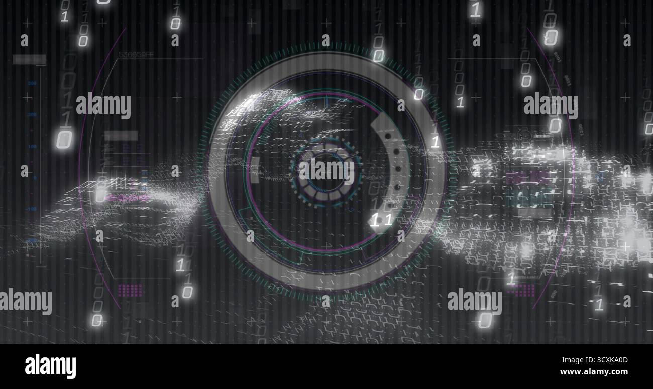 Objectif de diffusion en continu montrant des chiffres binaires sur un code de type grille dans une scène numérique, avec des anneaux et des particules Banque D'Images