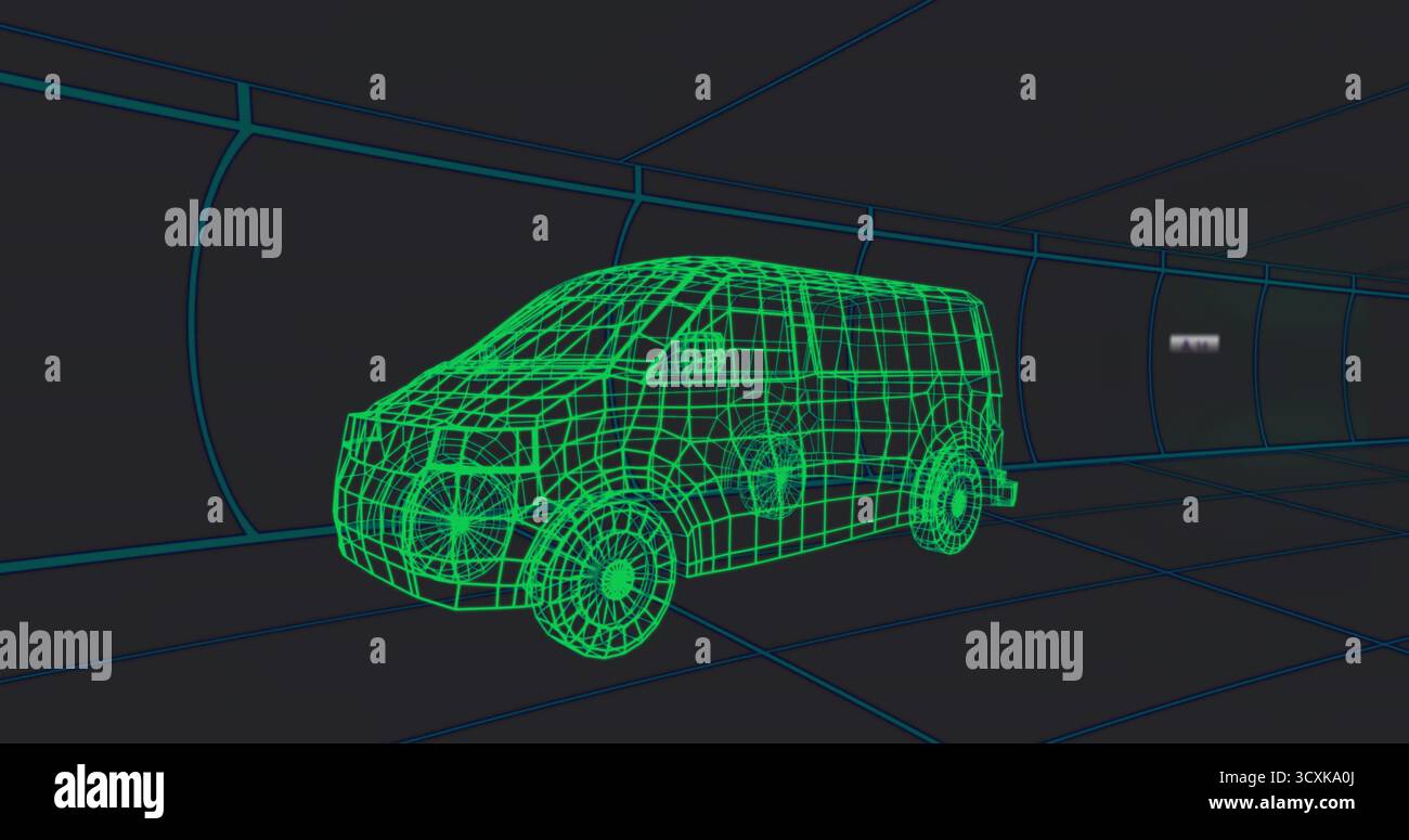 Modèle de fourgon flottant vert filaire glissant à travers un tunnel incurvé, avec des murs bleus doublés de grille Banque D'Images
