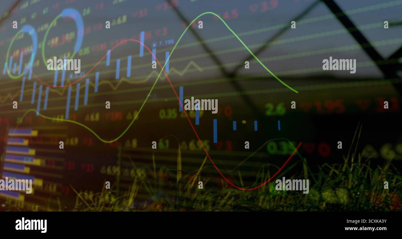 Graphique boursier superposant des plantes de serre, montrant des barres bleues, des lignes multicolores, des tickers Banque D'Images