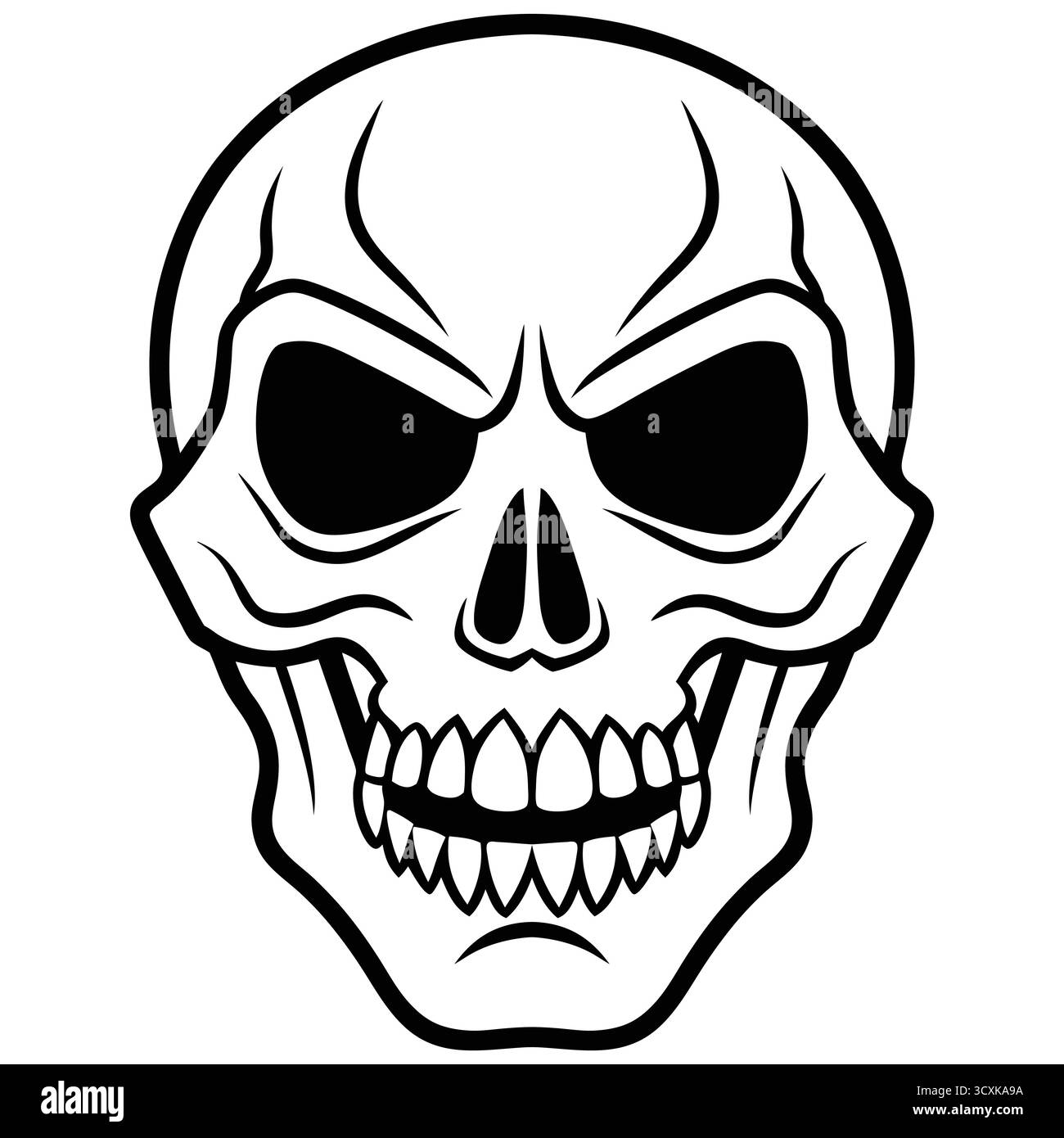 Dessin de contour de tête de crâne noir et blanc menaçant Illustration de Vecteur
