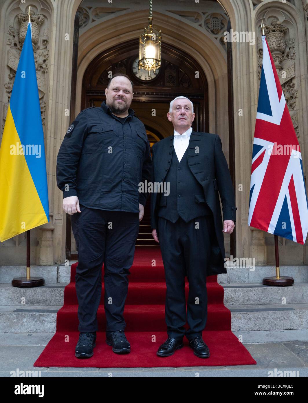 Ruslan Stefanchuk, président de la Verkhovna Rada d’Ukraine, s’adresse aux députés et à leurs pairs dans les chambres du Parlement, à Londres, alors qu’un drone conçu par l’Iran et abattu et capturé par l’armée ukrainienne est exposé au Palais de Westminster. Date de la photo : mercredi 15 octobre 2025. Banque D'Images