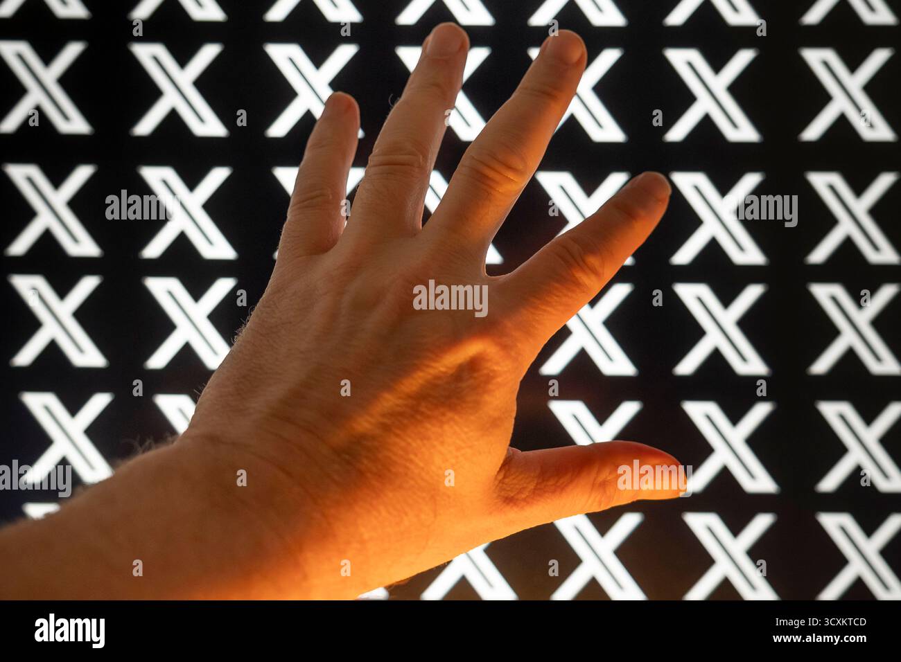 Une main devant un moniteur. En arrière-plan, un écran affiche plusieurs fois le logo de la plateforme X. Image symbolique pour le contenu problématique Banque D'Images