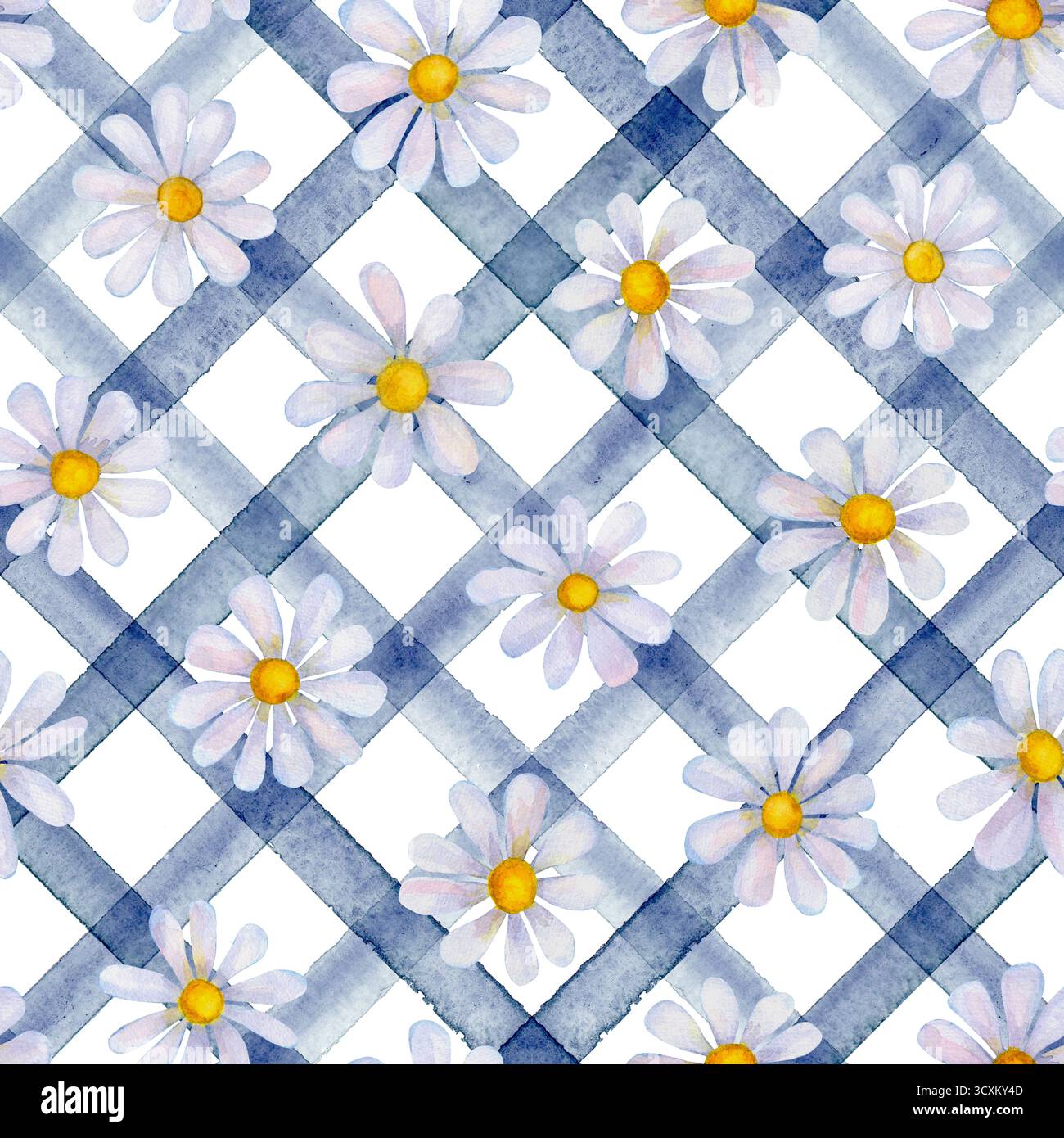 Fleurs de camomille aquarelle. Motif sans couture à rayures indigo bleu marine fleuri. Fond d'illustration botanique d'été dessiné à l'aquarelle à la main. Imprimer Banque D'Images