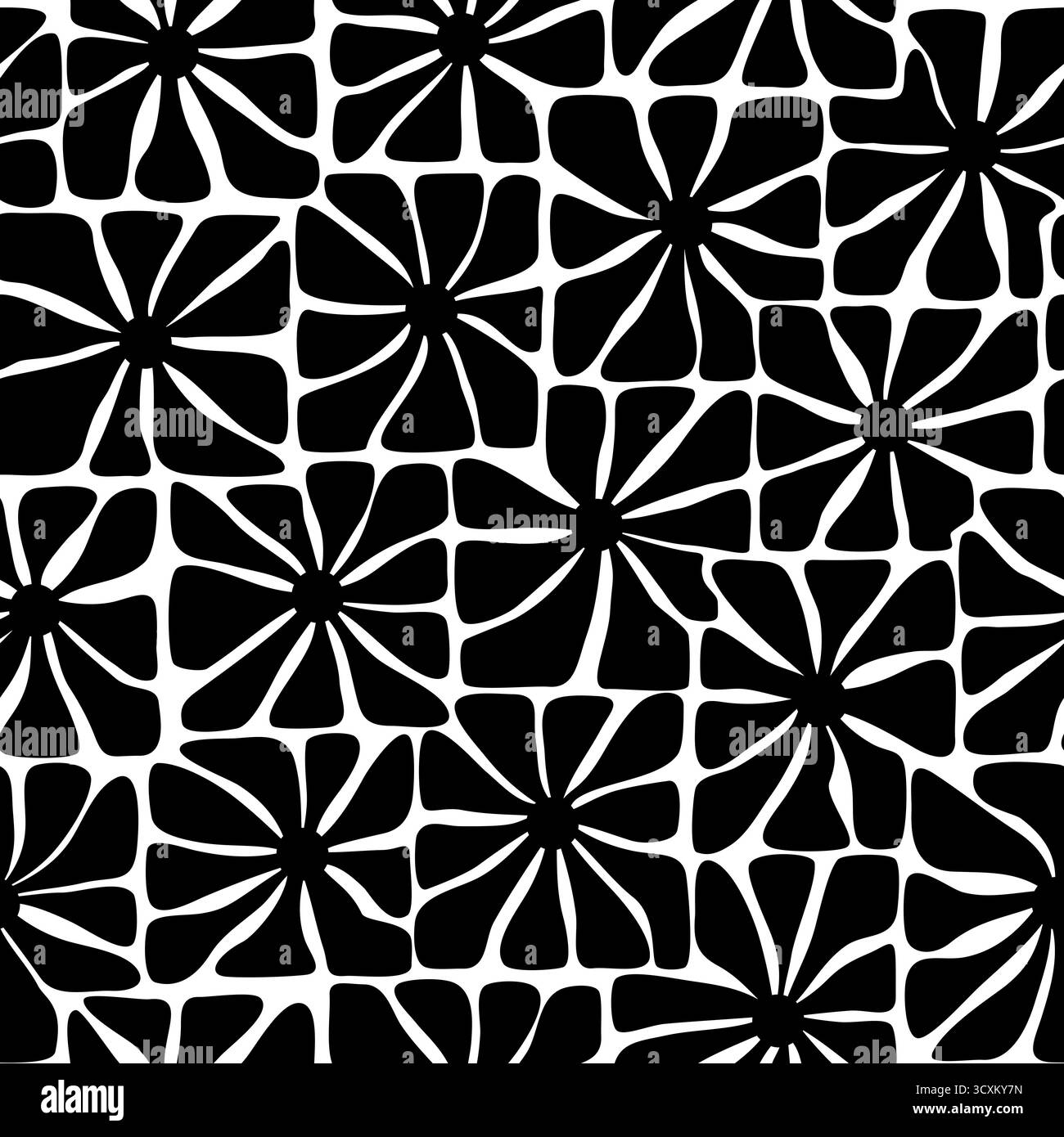 fleurs de camomille marguerite des années 1970. Beau motif floral sans couture. Dessin à la main printemps été rétro vintage illustration noir et blanc fond. Prin Banque D'Images