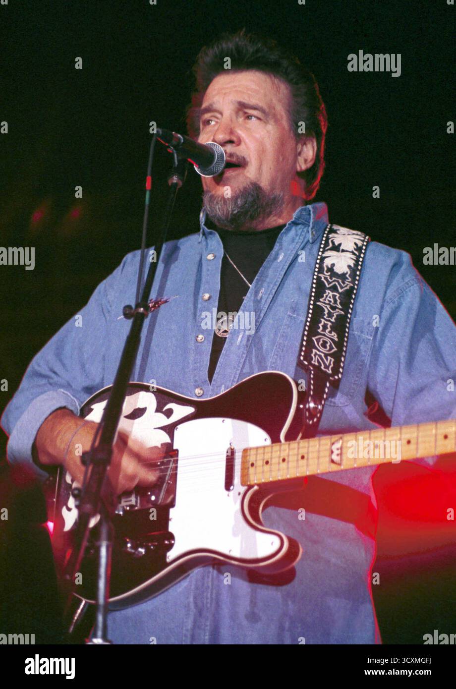Le chanteur country Waylon Jennings se produit en 1996 à l'hôtel Aladdin de Las Vegas, Nevada. Jennings est décédé le 13 février 2002 de problèmes de santé liés au diabète à son domicile. Chanteur, auteur-compositeur et guitariste, il enregistre 60 albums et a eu 16 singles country No.1 au cours d'une carrière qui s'étend sur cinq décennies Banque D'Images