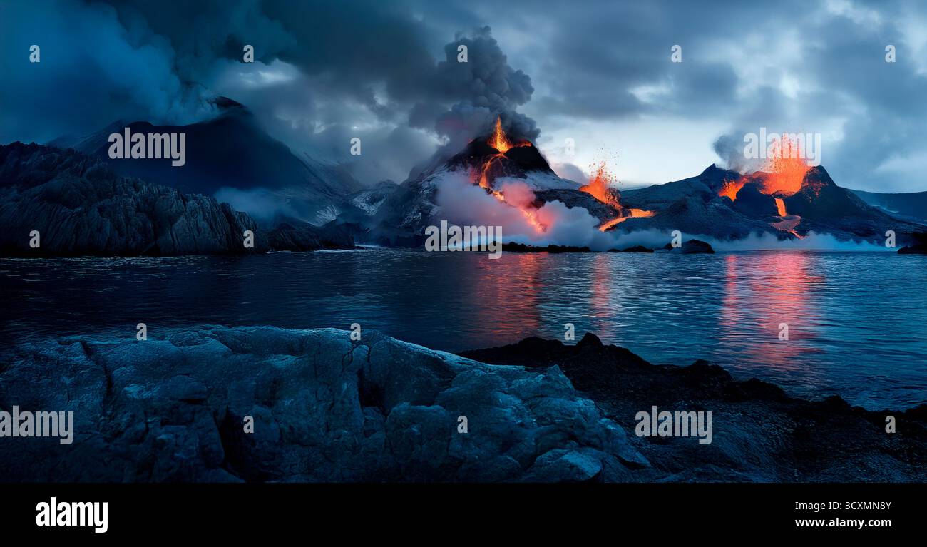 Éruptions volcaniques avec lave qui coule dans la mer et nuages de cendres volcaniques assombrissant le ciel. Banque D'Images