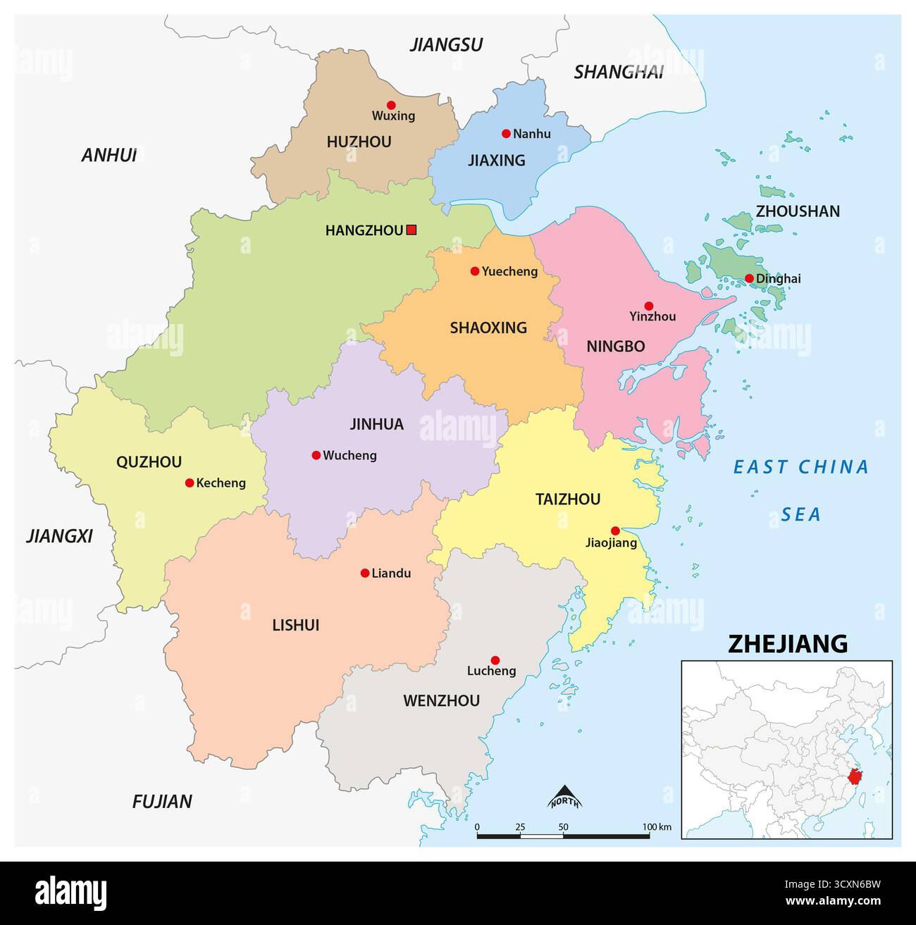 Carte administrative de la province chinoise de Zhejiang Banque D'Images Carte administrative de la province chinoise de Zhejiang Banque D'Images
