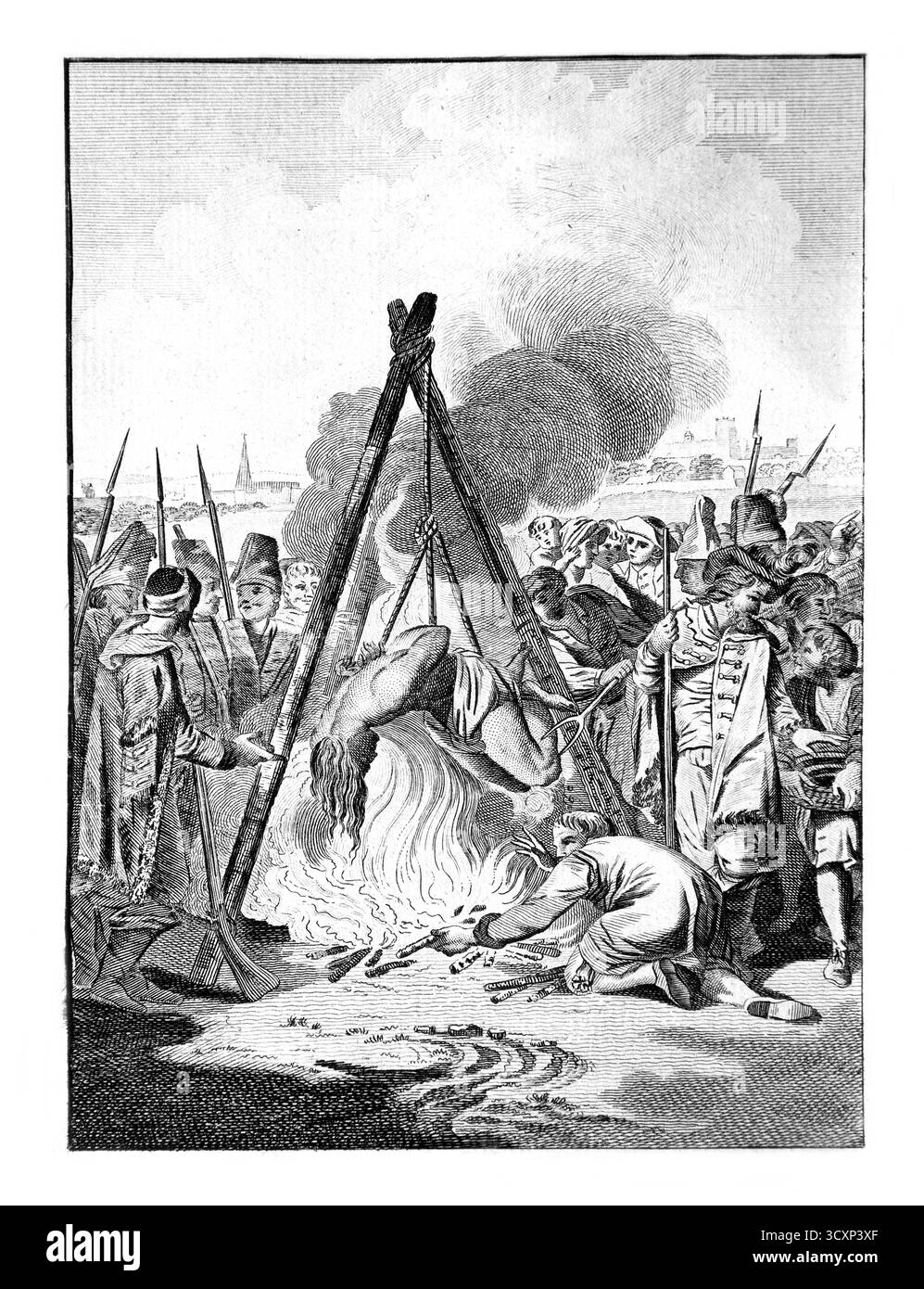 Illustration d'Adrian Chalinsky un ecclésiastique protestant rôti vivant par un feu lent avec ses mains et les pieds attachés derrière son dos dans le Grand-Duché Banque D'Images