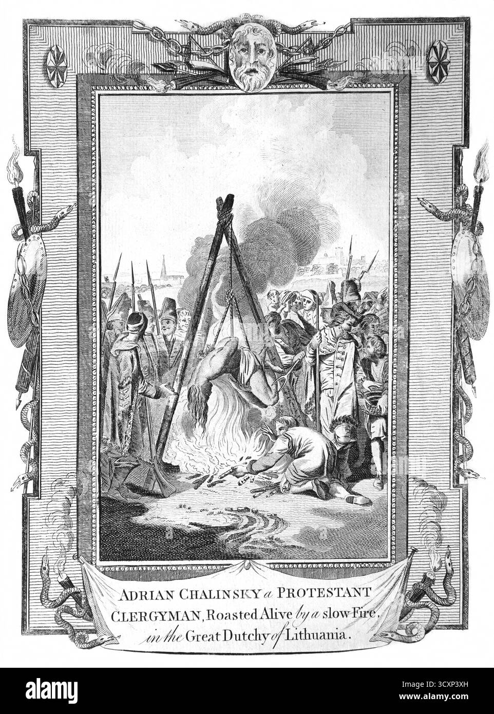 Illustration d'Adrian Chalinsky un ecclésiastique protestant rôti vivant par un feu lent avec ses mains et les pieds attachés derrière son dos dans le Grand-Duché Banque D'Images