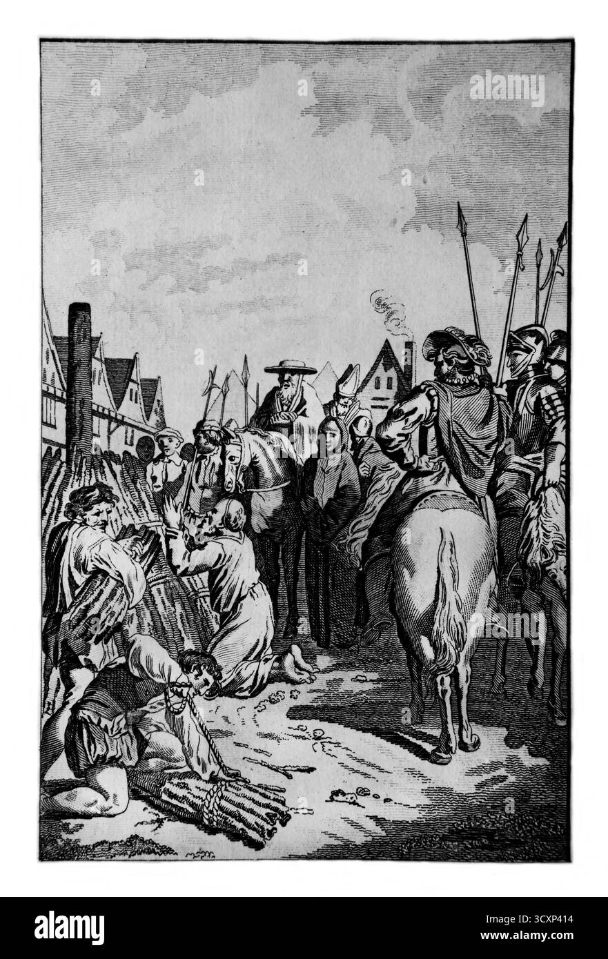 Une gravure sur plaque de cuivre de 1790 de John Philpot Archdiacre de Winchester et martyr protestant anglais priant sur le lieu de son martyre à Smithfie Banque D'Images