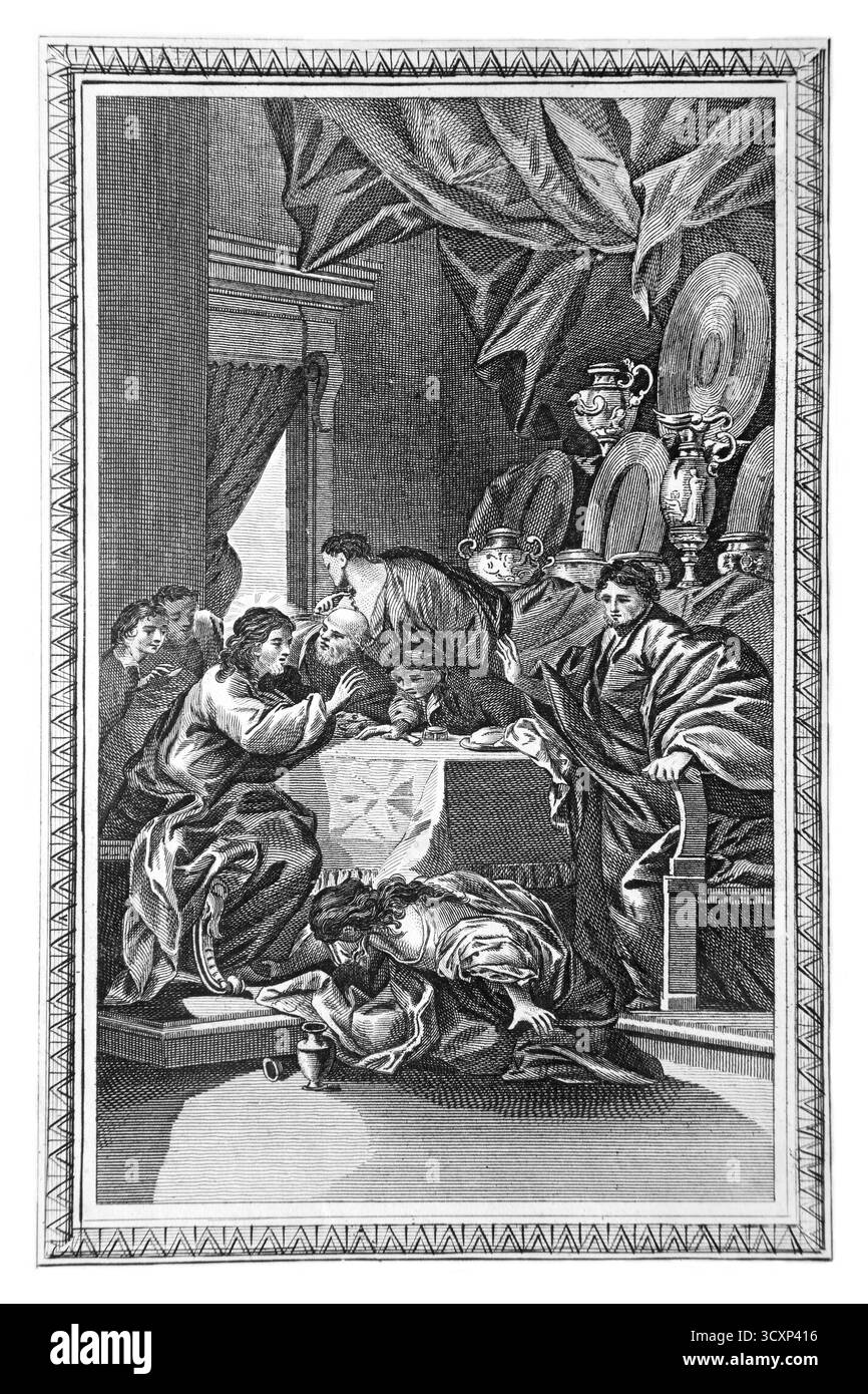 Illustration de Marie-Madeleine à Un banquet à la Maison du pharisien lavant les pieds de Jésus avec ses larmes et les séchait avec ses cheveux et les parfumait w Banque D'Images