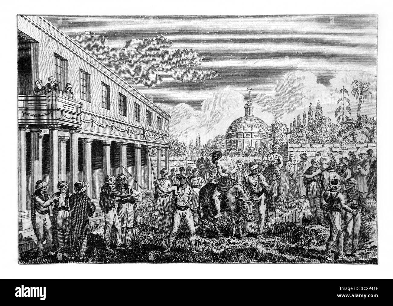 Une plaque de cuivre de 1790 gravure d'une méthode algérienne de punir un criminel reconnu coupable d'avoir commis un cambriolage en coupant sa main droite et son tyin Banque D'Images