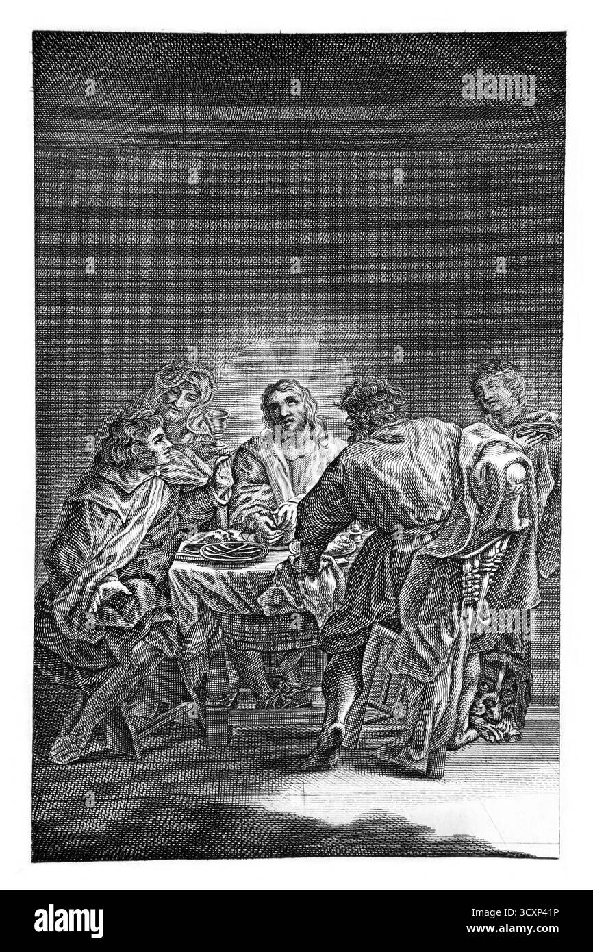 Jésus-Christ apparaissant à deux disciples sur la route d'Emmaus et brisant le pain (Luc) avec eux gravé pour le bavoir de famille du révérend Dr Southwell Banque D'Images
