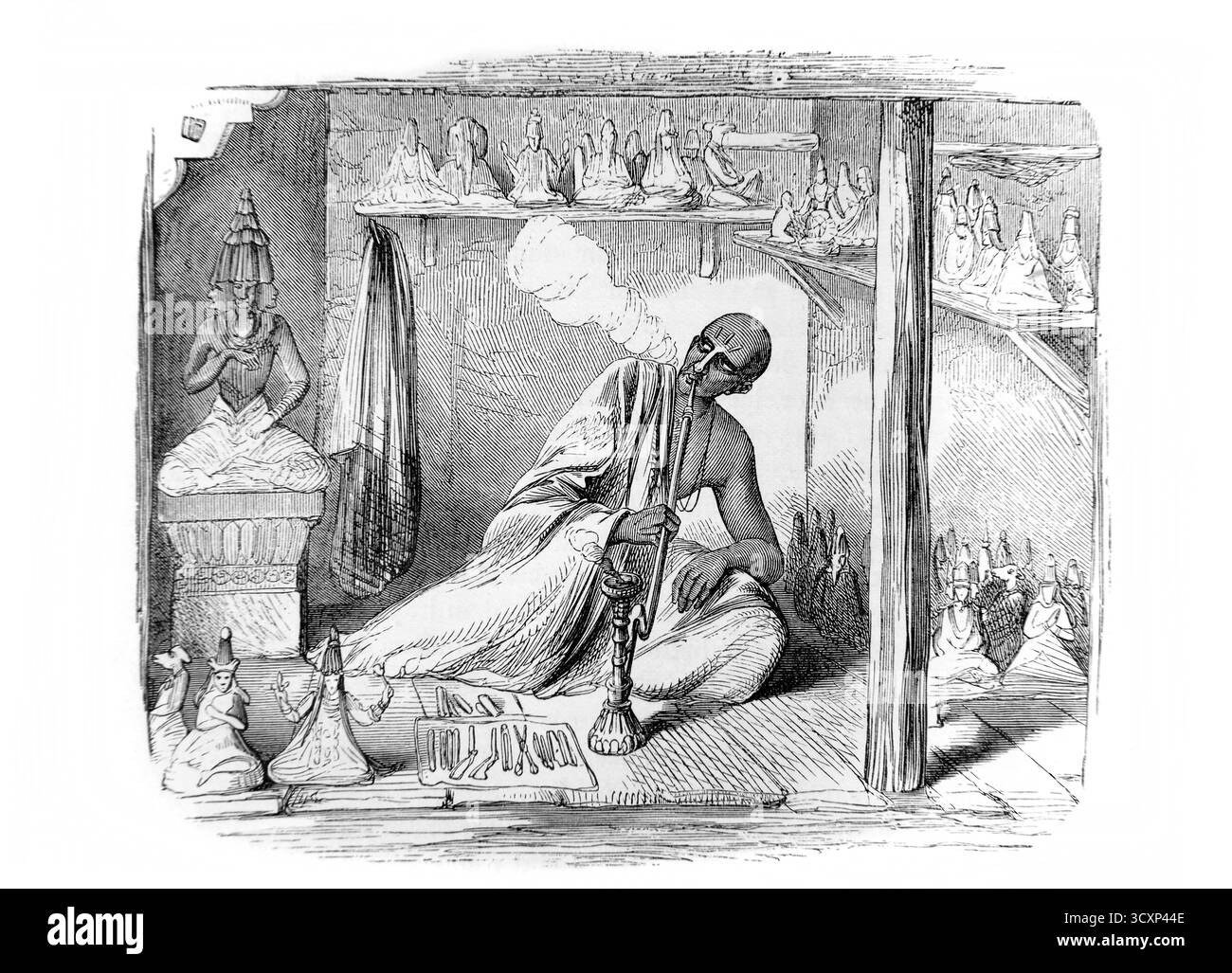Illustration d'un homme fumant d'un Hookah dans un atelier Hindu Idol du 19ème siècle livre les enfants de l'Inde par un de leurs amis Banque D'Images