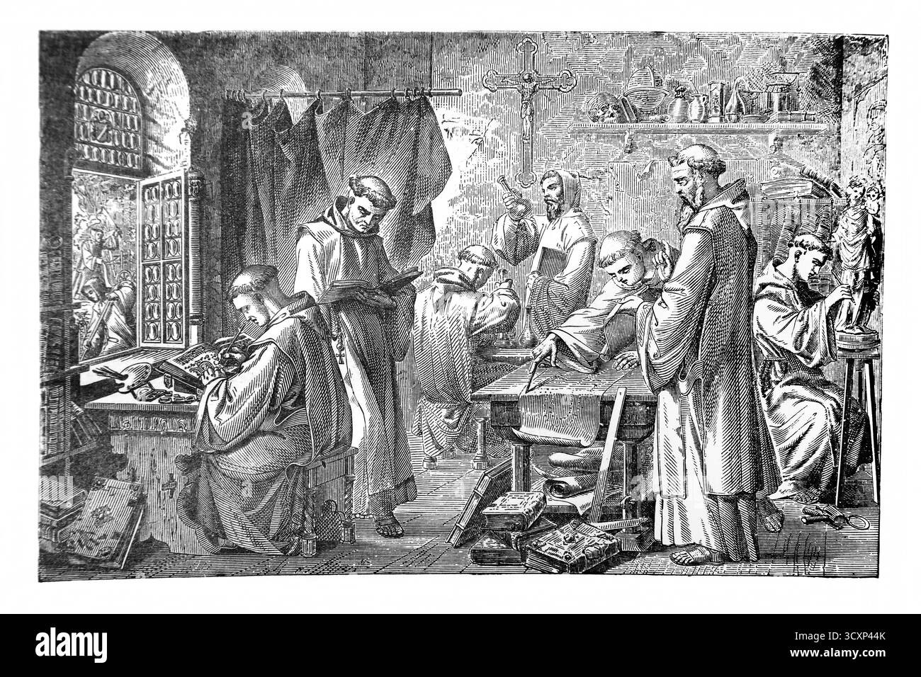 Illustration du crucifix dans un atelier médiéval (les moines illuminateurs) d'après une édition de 1902 du Crucifix sans l'Historie, sans l'Art sans l'AME Banque D'Images