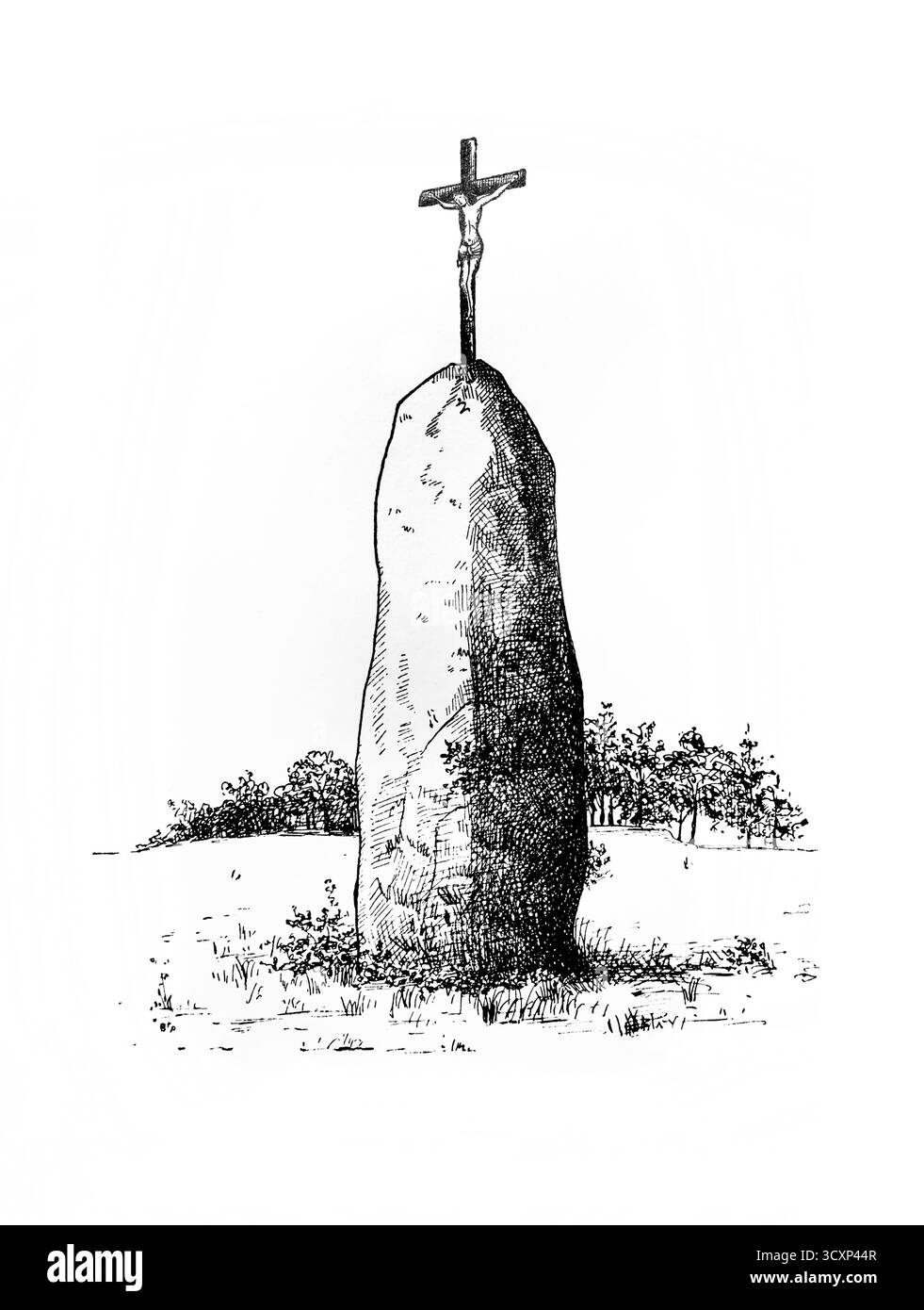 Illustration du crucifix sur Menhir la pierre de Dolent Field - Dol (Bretagne) par Haurye- la deuxième plus grande pierre debout en Bretagne avait autrefois un Banque D'Images Illustration du crucifix sur Menhir la pierre de Dolent Field - Dol (Bretagne) par Haurye- la deuxième plus grande pierre debout en Bretagne avait autrefois un Banque D'Images