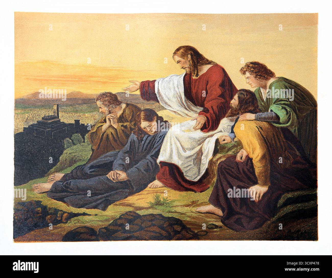 Illustration de Jésus-Christ au sommet du Mont des oliviers surplombant le Temple d'Hérode prédisant la destruction de Jérusalem la racontant aux disciples P. Banque D'Images