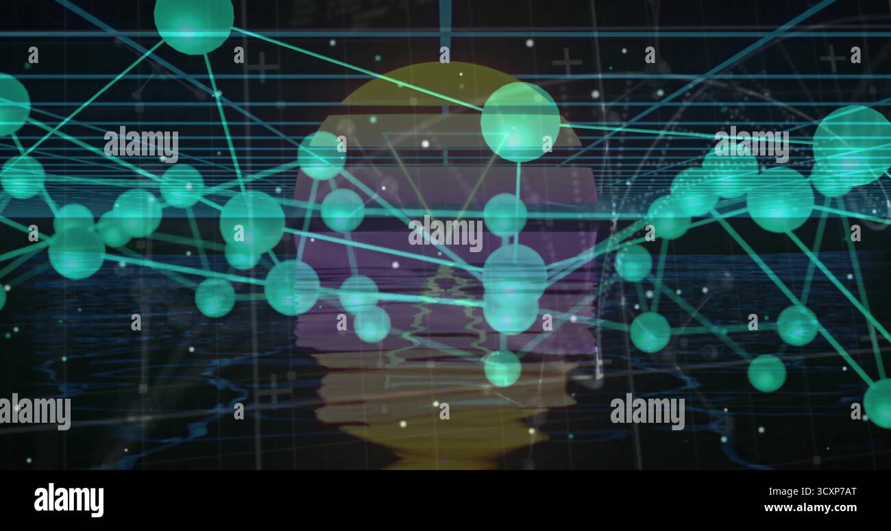 Réseau de sphères vertes flottantes, reliant via des lignes cyan dans la grille numérique, avec orbe de gradient Banque D'Images