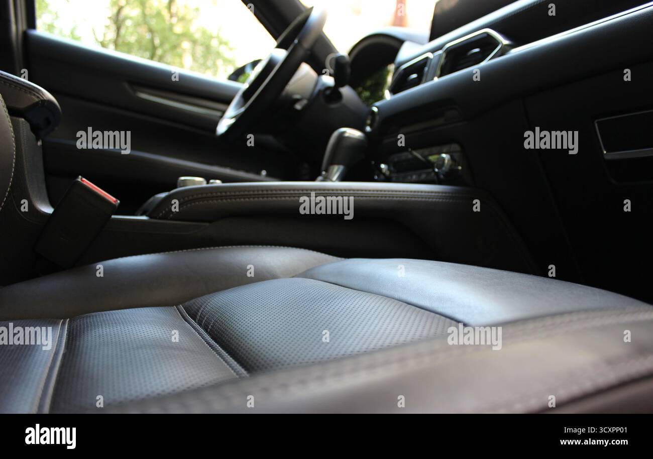 Vue depuis le bas du siège passager du tunnel flou entre les sièges, le levier de changement de vitesse et le volant à l'intérieur de la voiture avec un in coûteux Banque D'Images