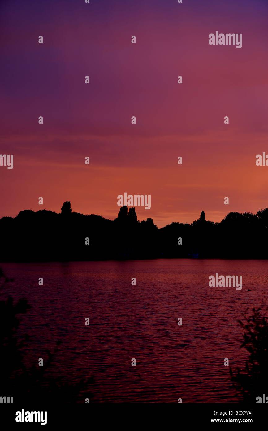 Lumière du soir au-dessus de l'eau ondulée et une ligne de bois sombre le long de l'Amsterdam-Rijnkanaal, capturée près de Nesciobrug à Amsterdam, pays-Bas au crépuscule. Banque D'Images