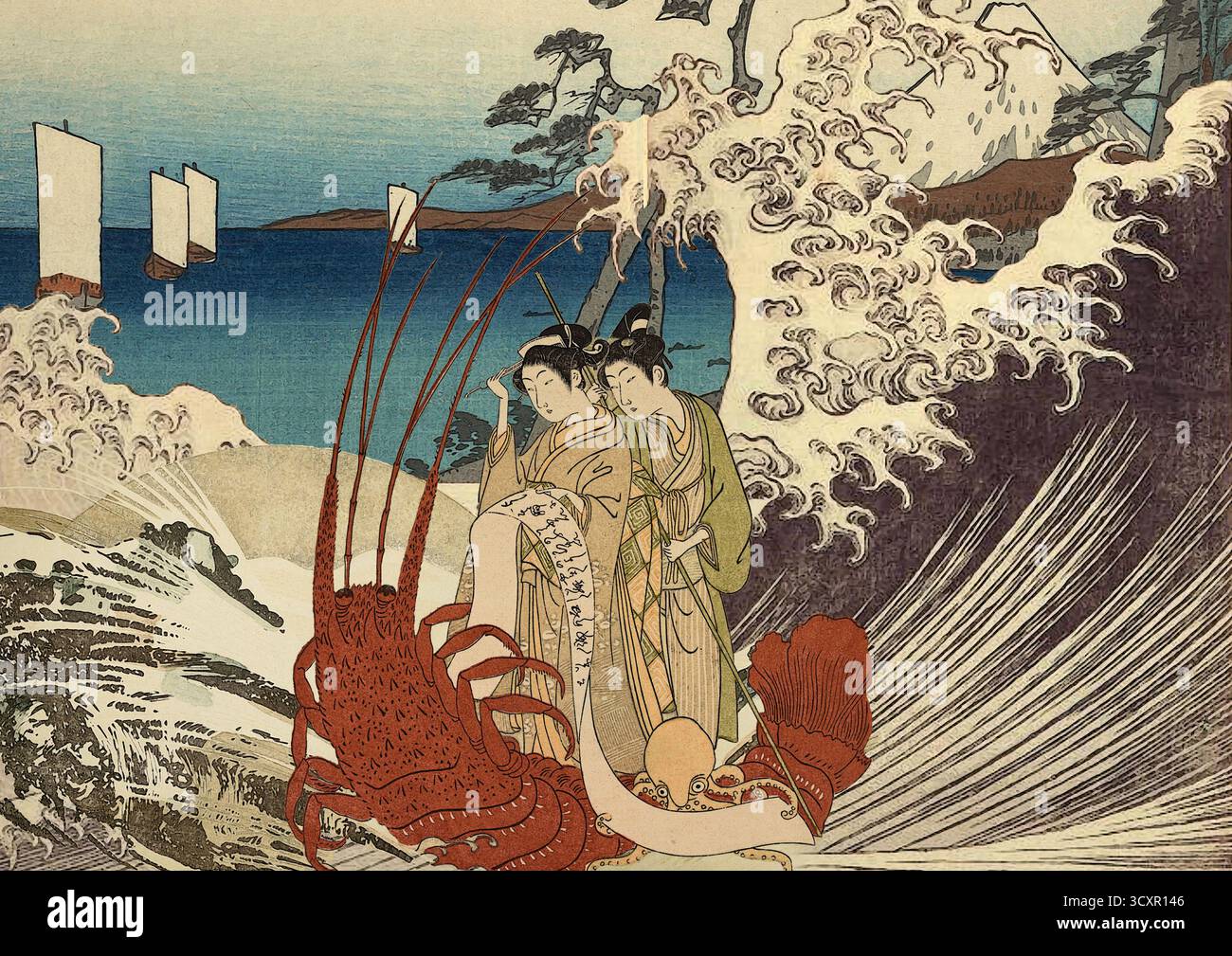 Collage numérique surréaliste de deux femmes japonaises surfant sur des écrevisses géantes sur les vagues de l'océan, inspiré par Hokusai, avec le mont Fuji en arrière-plan. Banque D'Images