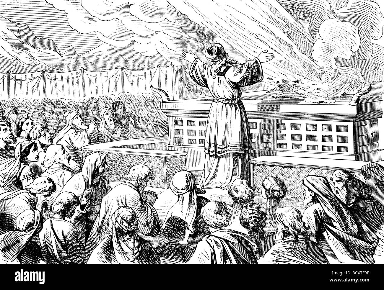 Le premier sacrifice d'Aaron est enflammé par le feu du ciel, le sanctuaire, la fumée, Dieu, les gens, cérémonie, repentance, prière, louange, autel, troisième livre de M. Banque D'Images