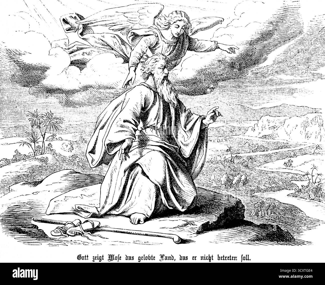 Dieu montre à Moïse la Terre promise, dans laquelle il ne doit pas entrer, une terre coulant de lait et de miel, proverbe, ciel, nuage, ailes, peuple d'Israël, blessin Banque D'Images