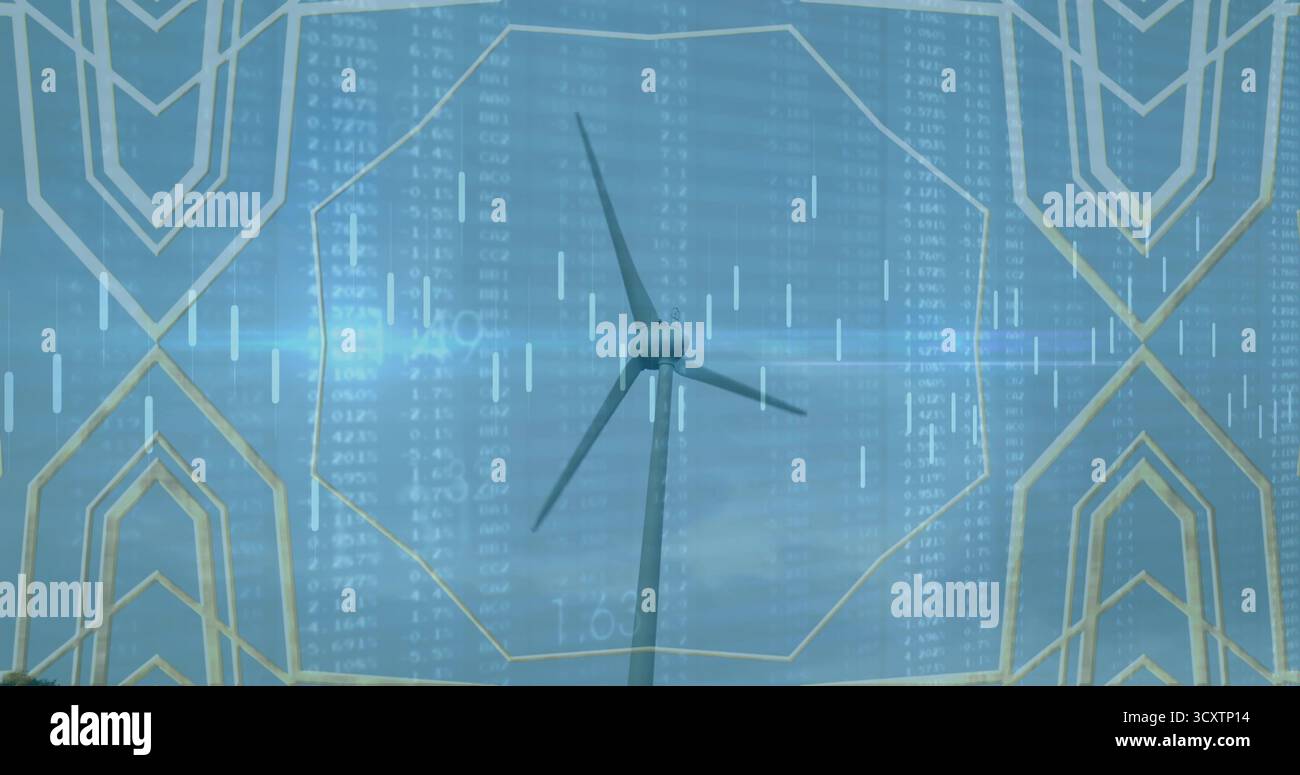 Montrant une éolienne debout sous le ciel nuageux, avec des tableaux numériques, des lignes de graphique, des cadres polygonaux Banque D'Images