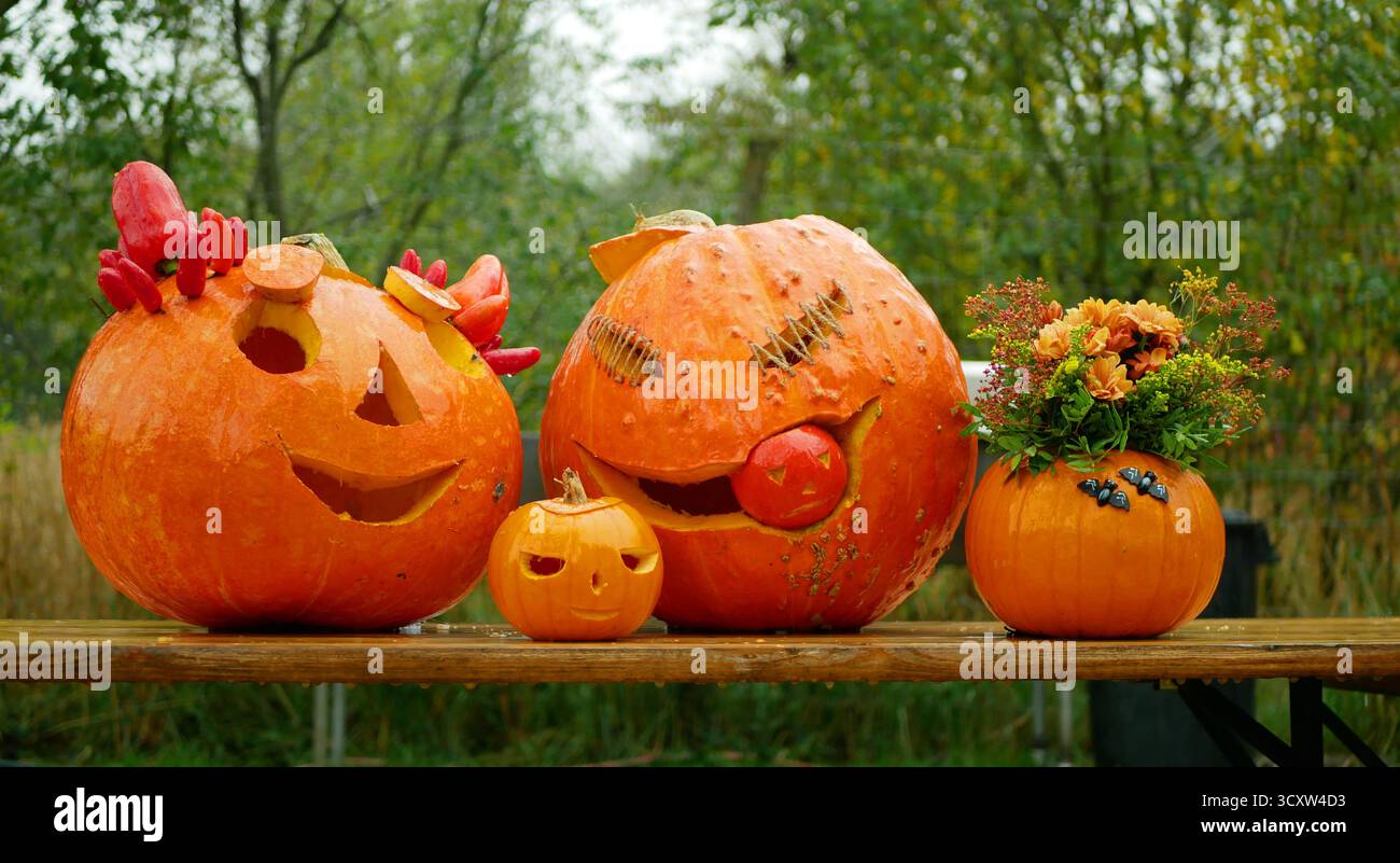 Halloween souriant bougies de citrouille sculptées effrayantes Jack de récolte o lanterne automne automne flamboyant célébration monstre amusant pile hokkaido Banque D'Images
