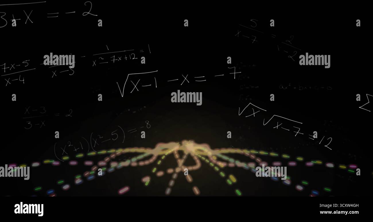 Lignes pointillées multicolores flottantes convergeant vers l'horizon dans le vide, avec équations de craie incandescentes Banque D'Images