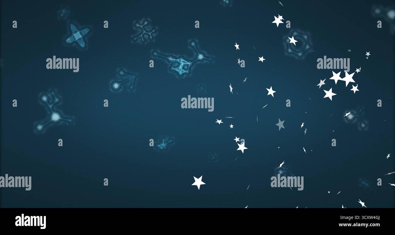 Affichage de formes d'étoiles blanches dérivant sur fond bleu, avec des motifs de réseau et des taches, espace de copie Banque D'Images