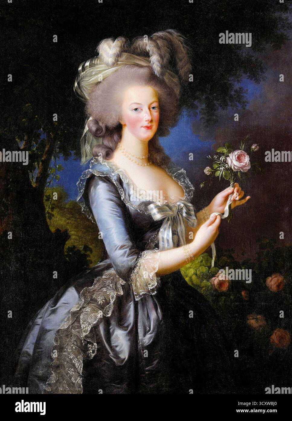 « Marie Antoinette à la rose » (Marie Antoinette avec une rose) 1783 peinture de l’artiste française Élisabeth-Louise Vigée le Brun (1755-1842), montrant la reine Marie Antoinette vêtue d’une robe de soie bleu-gris avec dentelle et ruban tenant une rose rose rose. Banque D'Images